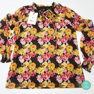 A LOVE STORY "Lorelai" Pink Yellow Brown Lace-Up Front Mesh Blouse Small NWT